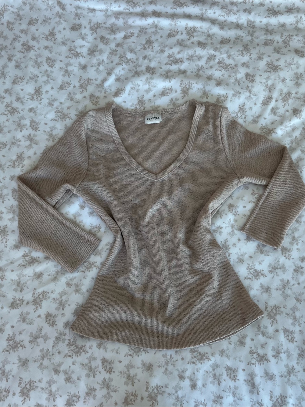 Neutral Tan Knit V-Neck Sweater Top
